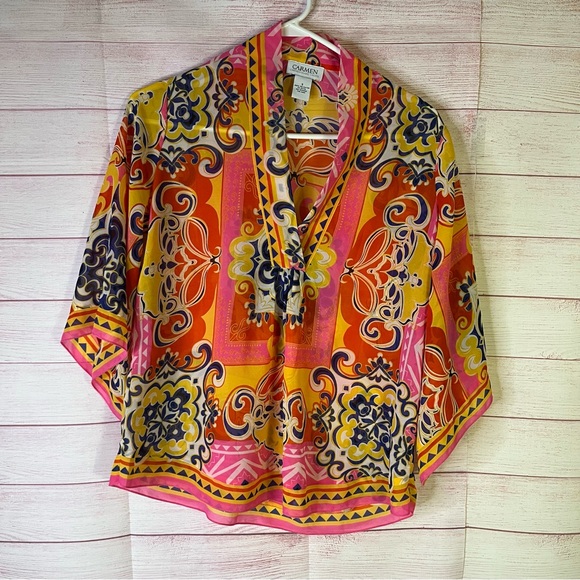 Carmen Marc Valvo Multicoloer Paisley Sheer Kimono Pullover Blouse Size Small - Picture 1 of 5